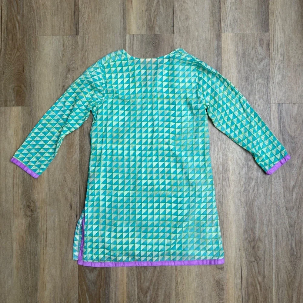 Oliphant‎ Green Geometric Cotton V-Neck Tunic Top Purple Trim small boho